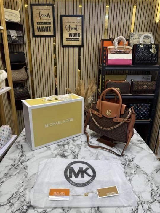 Michael korrs Signature Carmen Flap Leather Satchel Handbag (Brown) 1