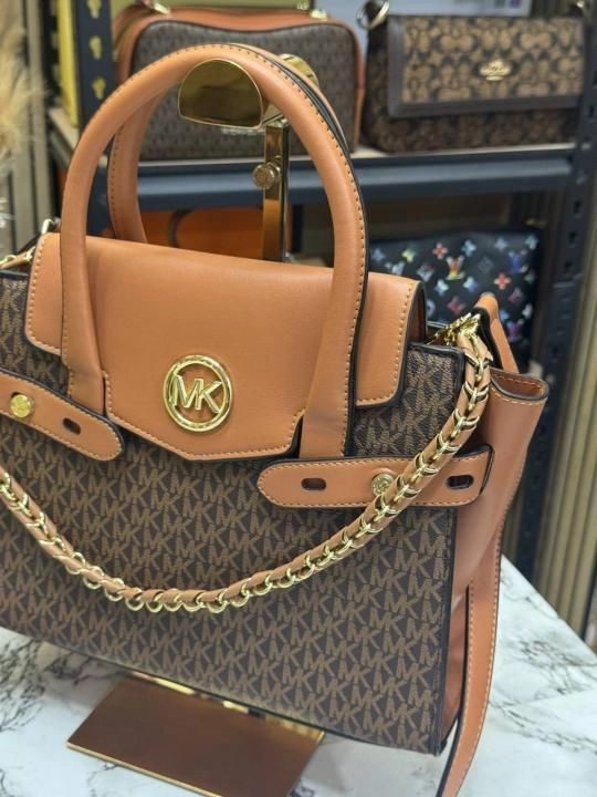 Michael korrs Signature Carmen Flap Leather Satchel Handbag (Brown) 3