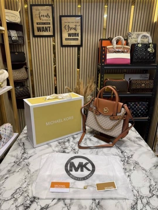 Michael korrs signature Carmen Flap Leather Satchel Handbag (Beige 20024) 1