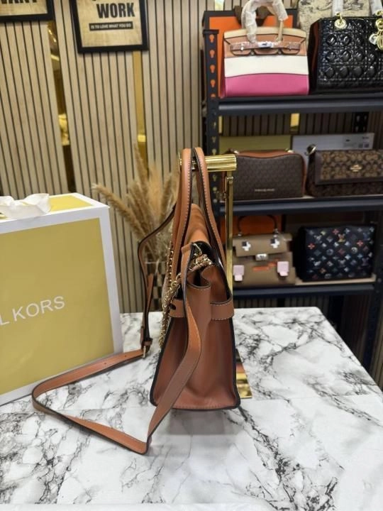 Michael korrs signature Carmen Flap Leather Satchel Handbag (Beige 20024) 3