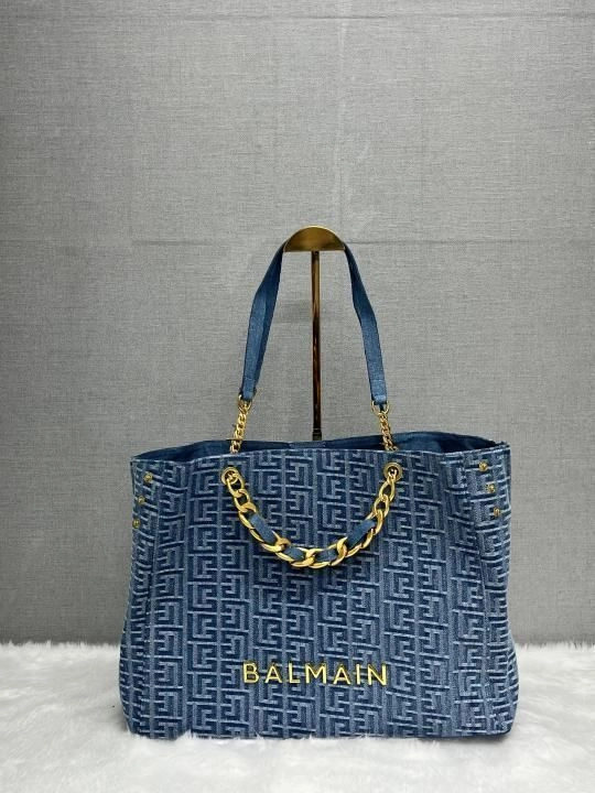 Balmaiin Jacquard Denim Logo Plaque Tote With DustCover