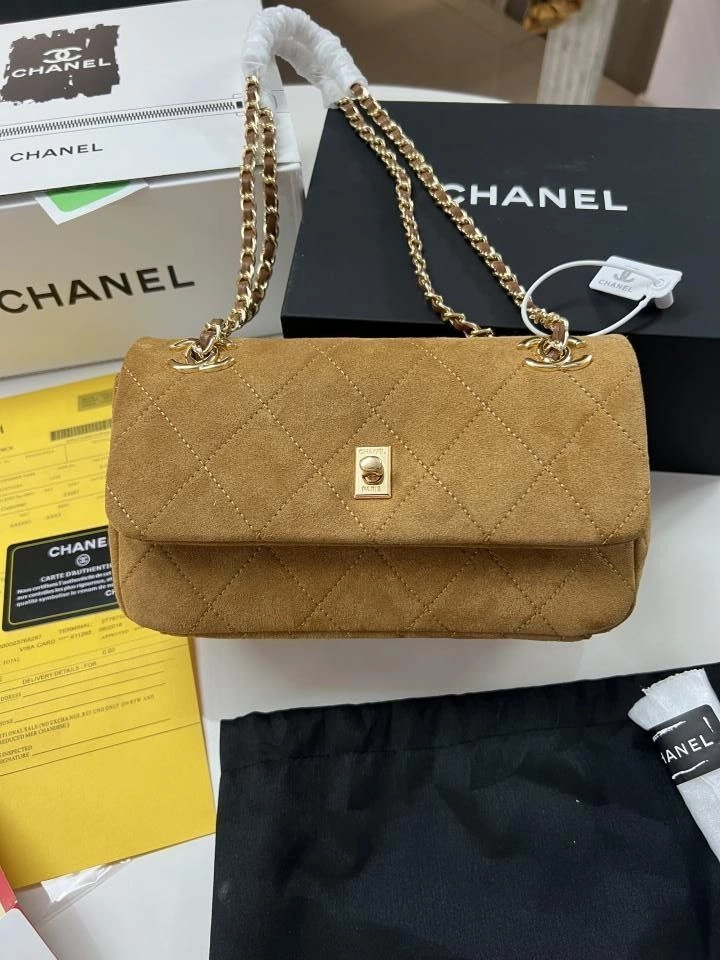 Chanell camel suede quilted flap bag gold-tone with signature chain strap OG QUALITY WITH TWO BOX 1
