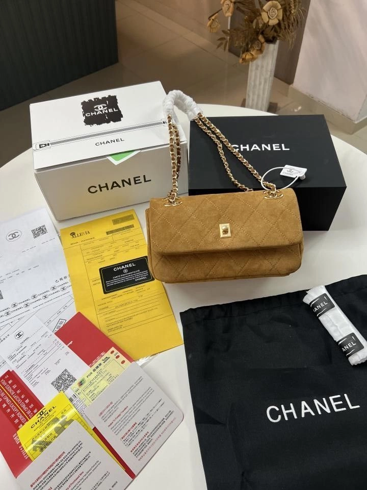Chanell camel suede quilted flap bag gold-tone with signature chain strap OG QUALITY WITH TWO BOX 2
