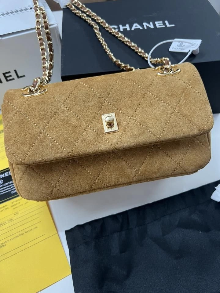 Chanell camel suede quilted flap bag gold-tone with signature chain strap OG QUALITY WITH TWO BOX 3