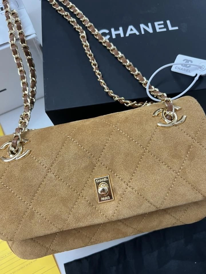 Chanell camel suede quilted flap bag gold-tone with signature chain strap OG QUALITY WITH TWO BOX 5