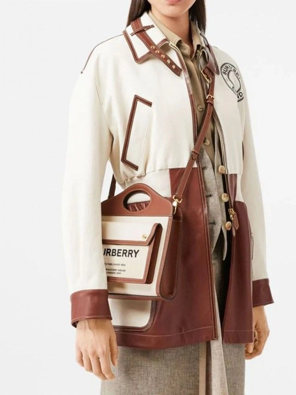 Burbberry Two Tone Canvas and Leather Pocket Premium Quality Bag With OG Box & Dust Bag (Brown - 228) 2