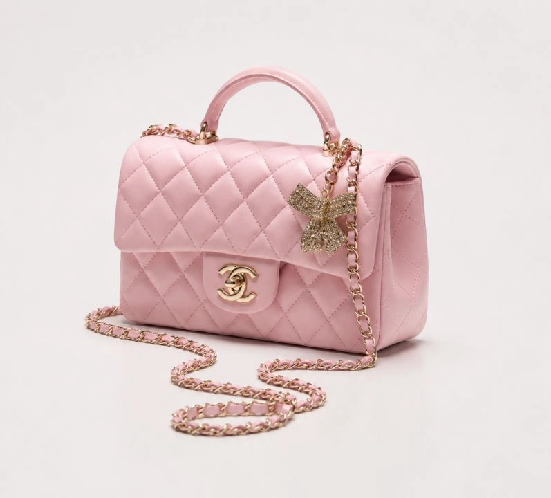 CHANE.L_MINI_CLASSIC_QUILTED_TOP_HANDLE_FLAP_WITH_CHARM_DOUBLE_BOX_PACKING_ULTRA_PREMIUM_QUALITY_DOUBLE_FLIP_BOX