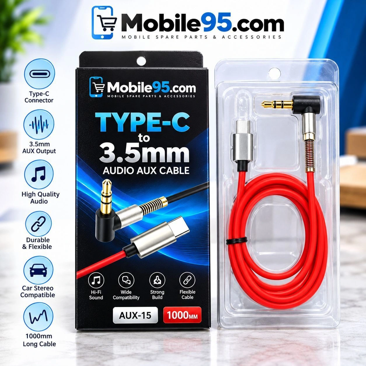 Type-C to 3.5mm AUX Audio Cable – AUX-15, 1000mm 1