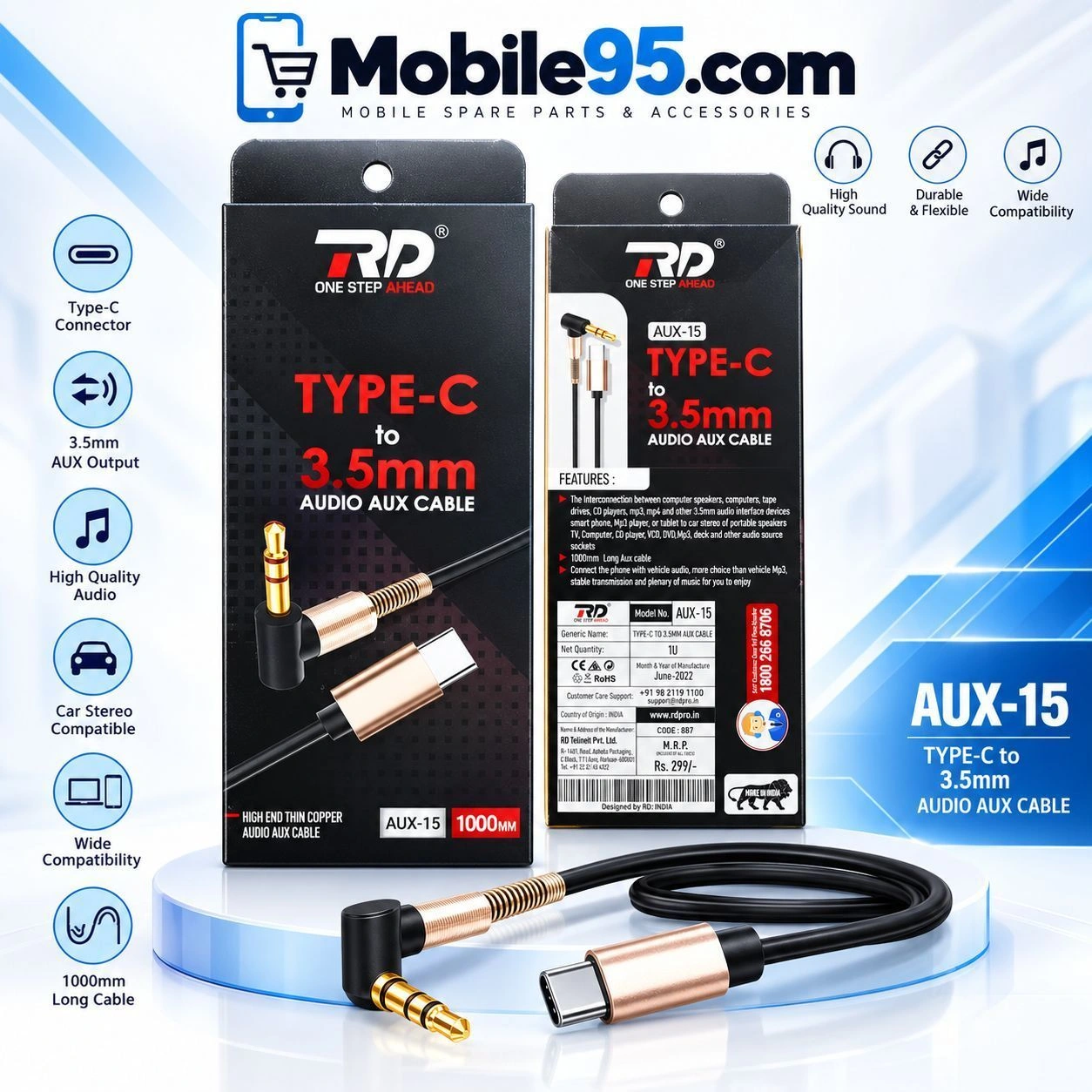 Type-C to 3.5mm AUX Audio Cable – AUX-15, 1000mm 2