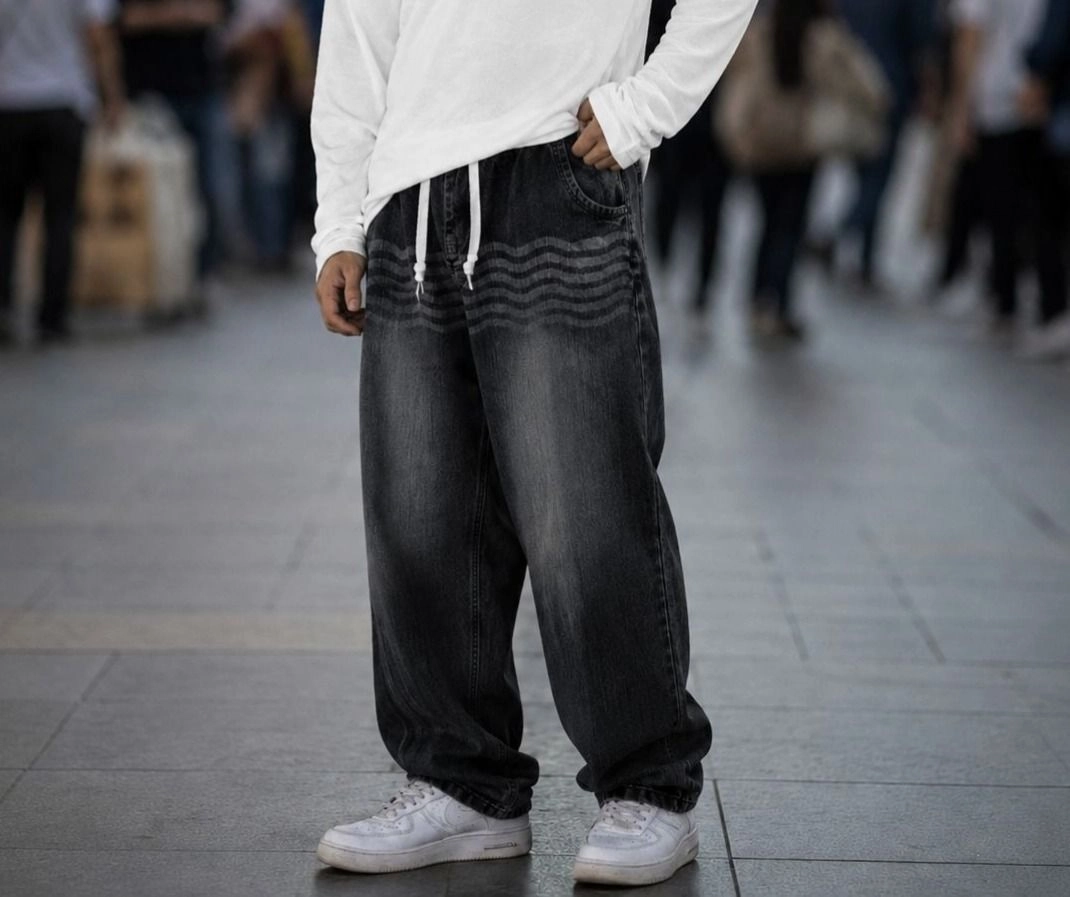 Charcoal Black Streetwear Loose-Fit Drawstring Denim 1