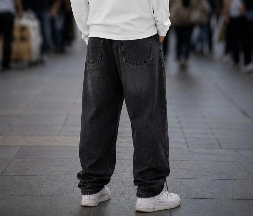 Charcoal Black Streetwear Loose-Fit Drawstring Denim 2