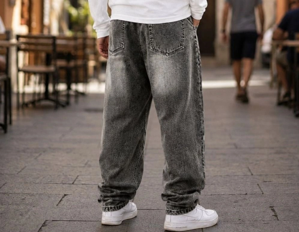 Men's Urban Loose Fit Grey Snow Wash Denim Joggers 2
