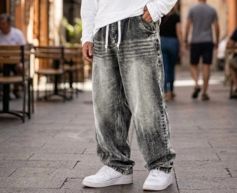 Men's Urban Loose Fit Grey Snow Wash Denim Joggers 1