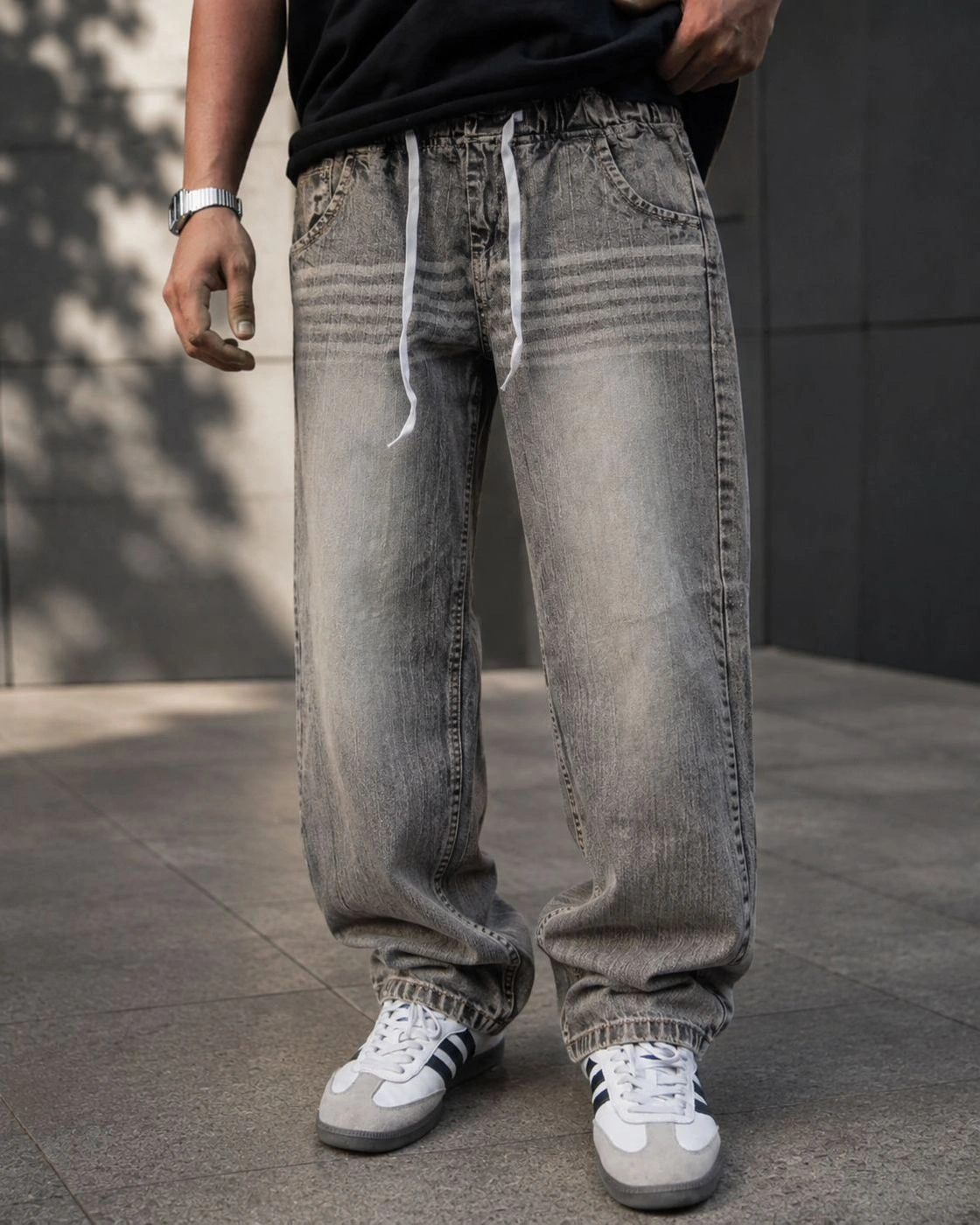 Men's Urban Loose Fit Grey Snow Wash Denim Joggers 1