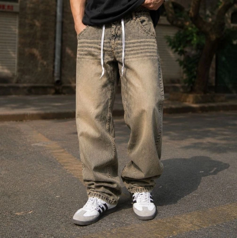 vintage dirty-wash baggy drawstring jeans 1