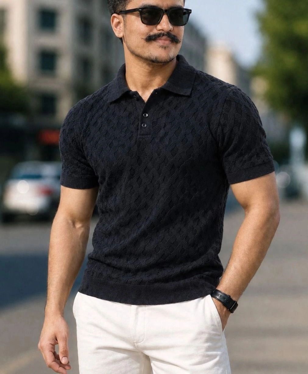 • Men's Luxury Textured Knitted Polo Shirt – Charcoal Black 1