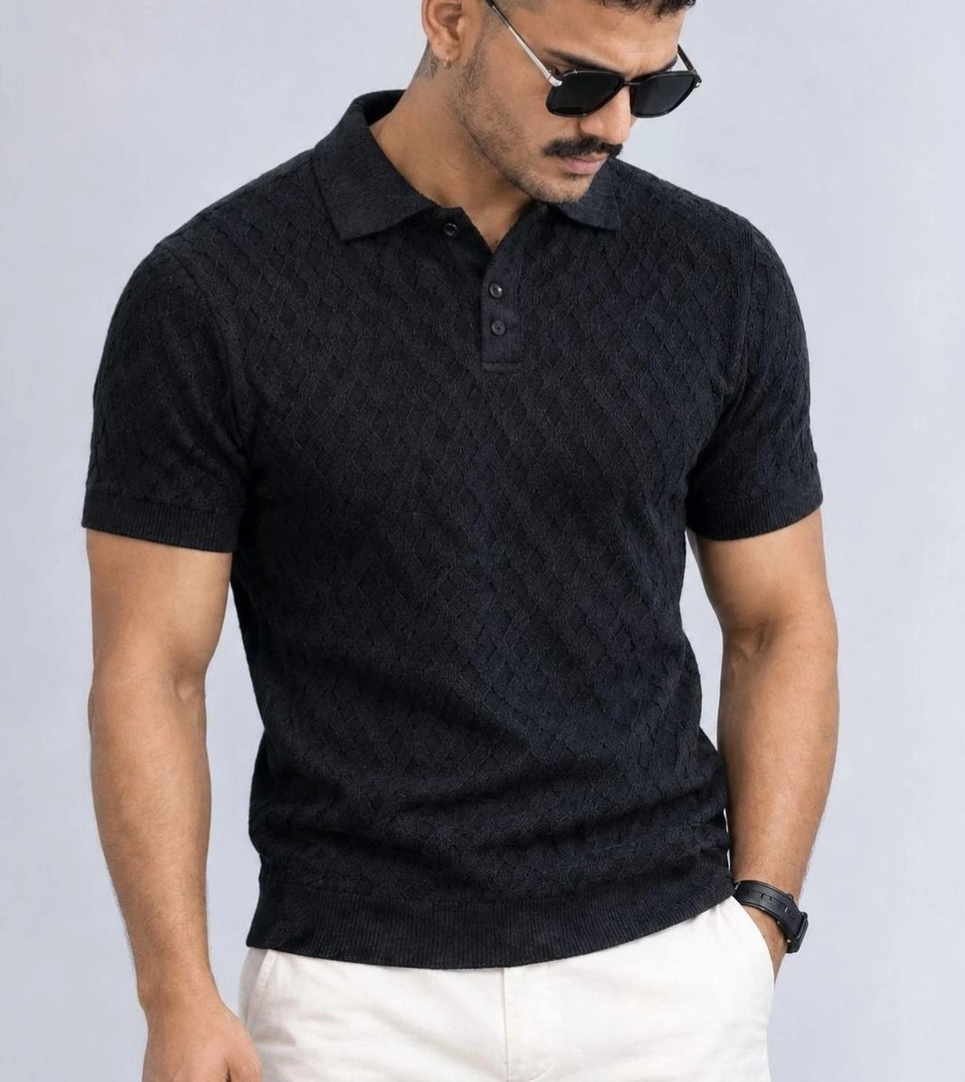 • Men's Luxury Textured Knitted Polo Shirt – Charcoal Black 2