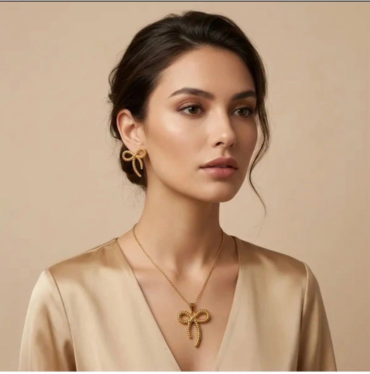 Bow Charm Necklace & Earrings Set