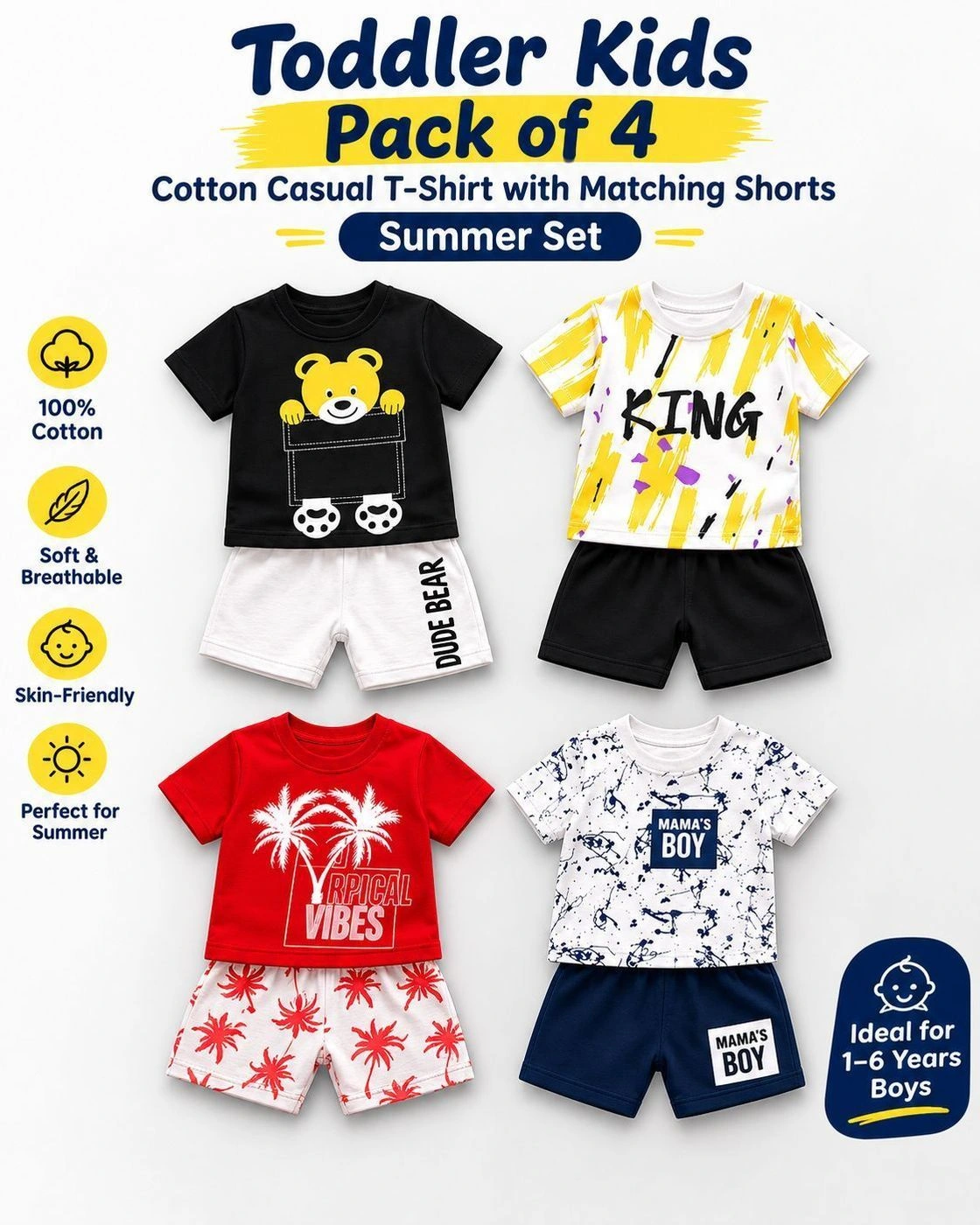 Toddler Kids Pack of 4 Cotton Casual T-Shirt with Matching Shorts Summer Set