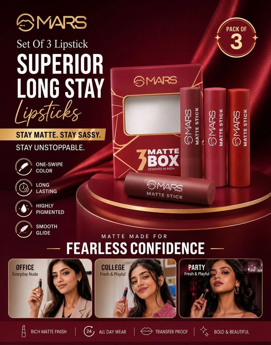 Set Of 3 Lipstick MARS Superior Long Stay Lipsticks
