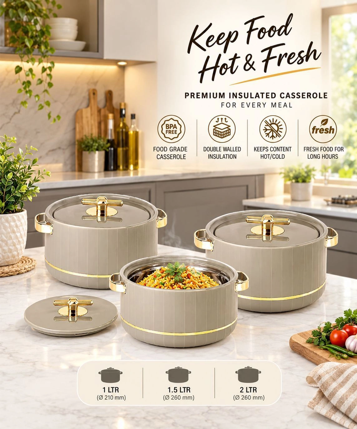 Pack of 3 Deluxe Decor Inner Stainless Steel Insulated Casserole 1