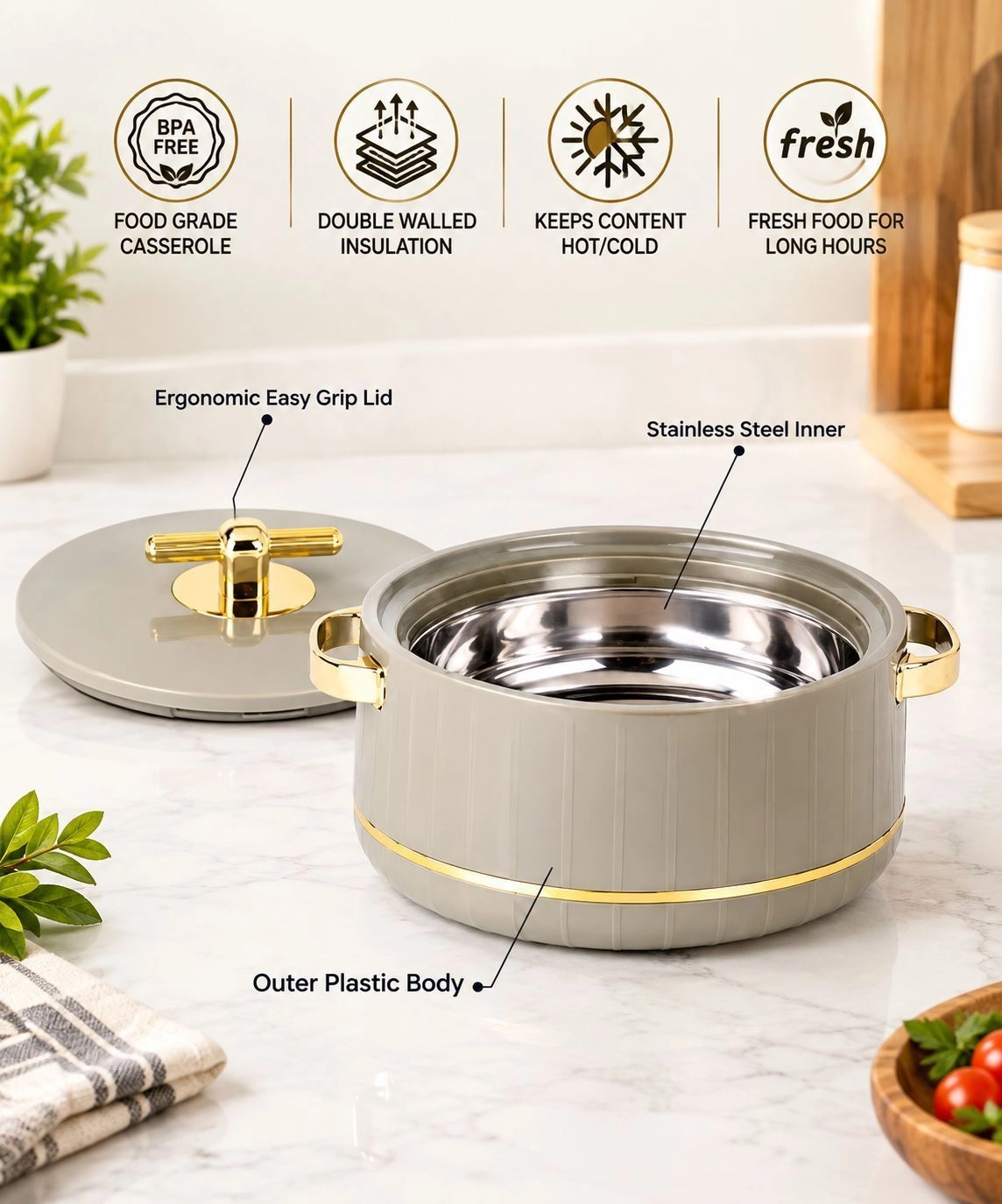 Pack of 3 Deluxe Decor Inner Stainless Steel Insulated Casserole 3