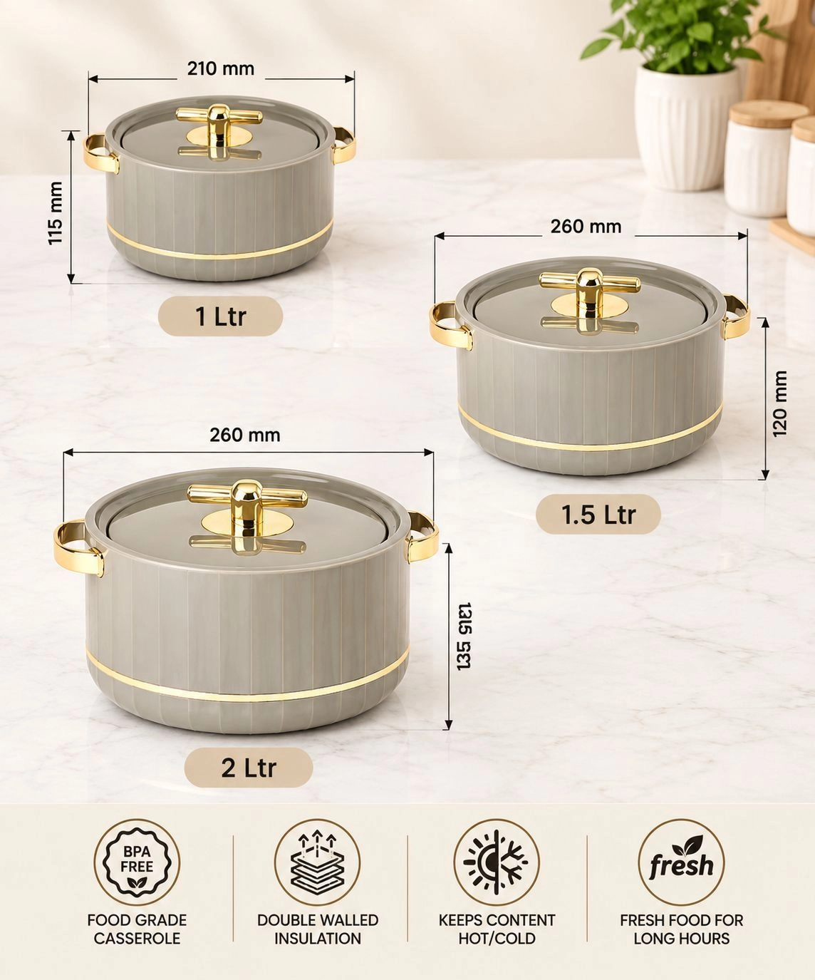 Pack of 3 Deluxe Decor Inner Stainless Steel Insulated Casserole 4