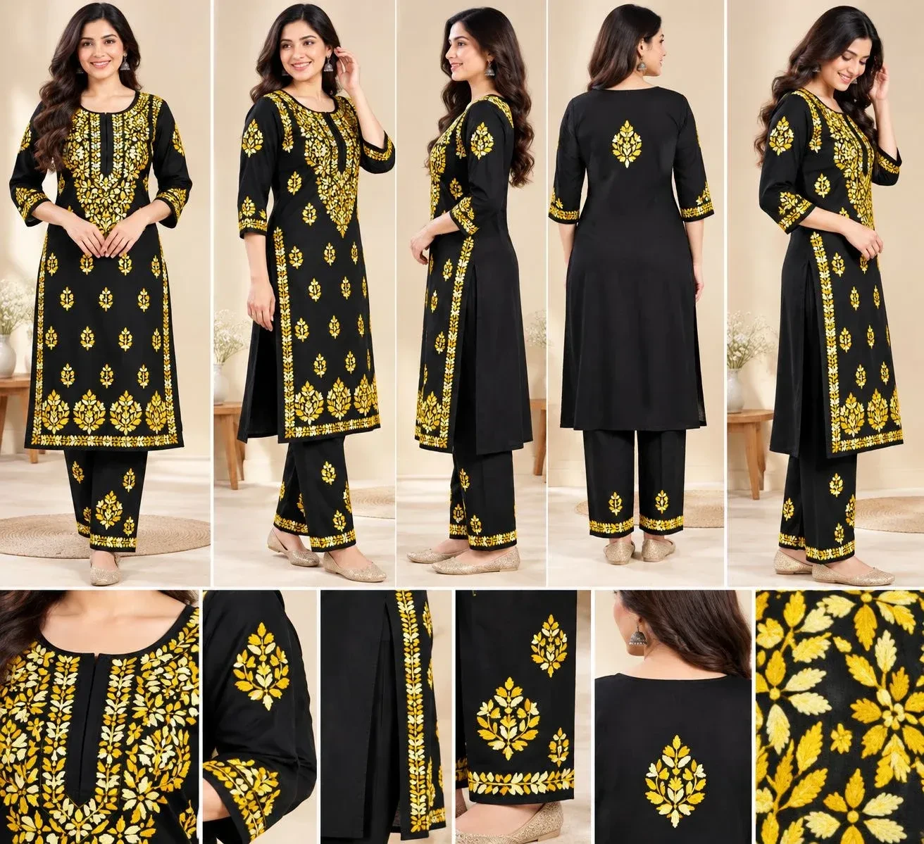 Chikankari Pure Handwork-Black and Yellow 2