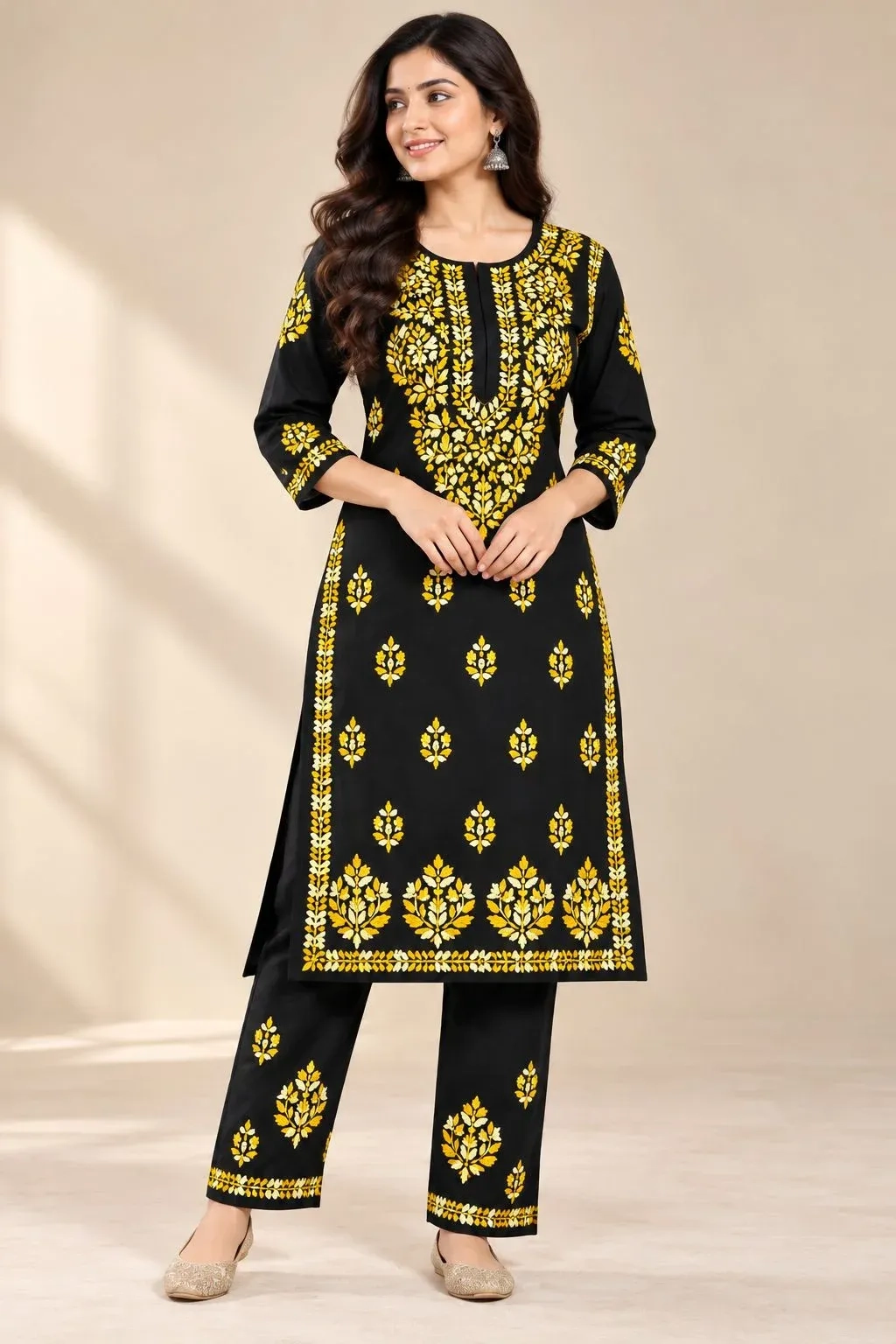 Chikankari Pure Handwork-Black and Yellow 1