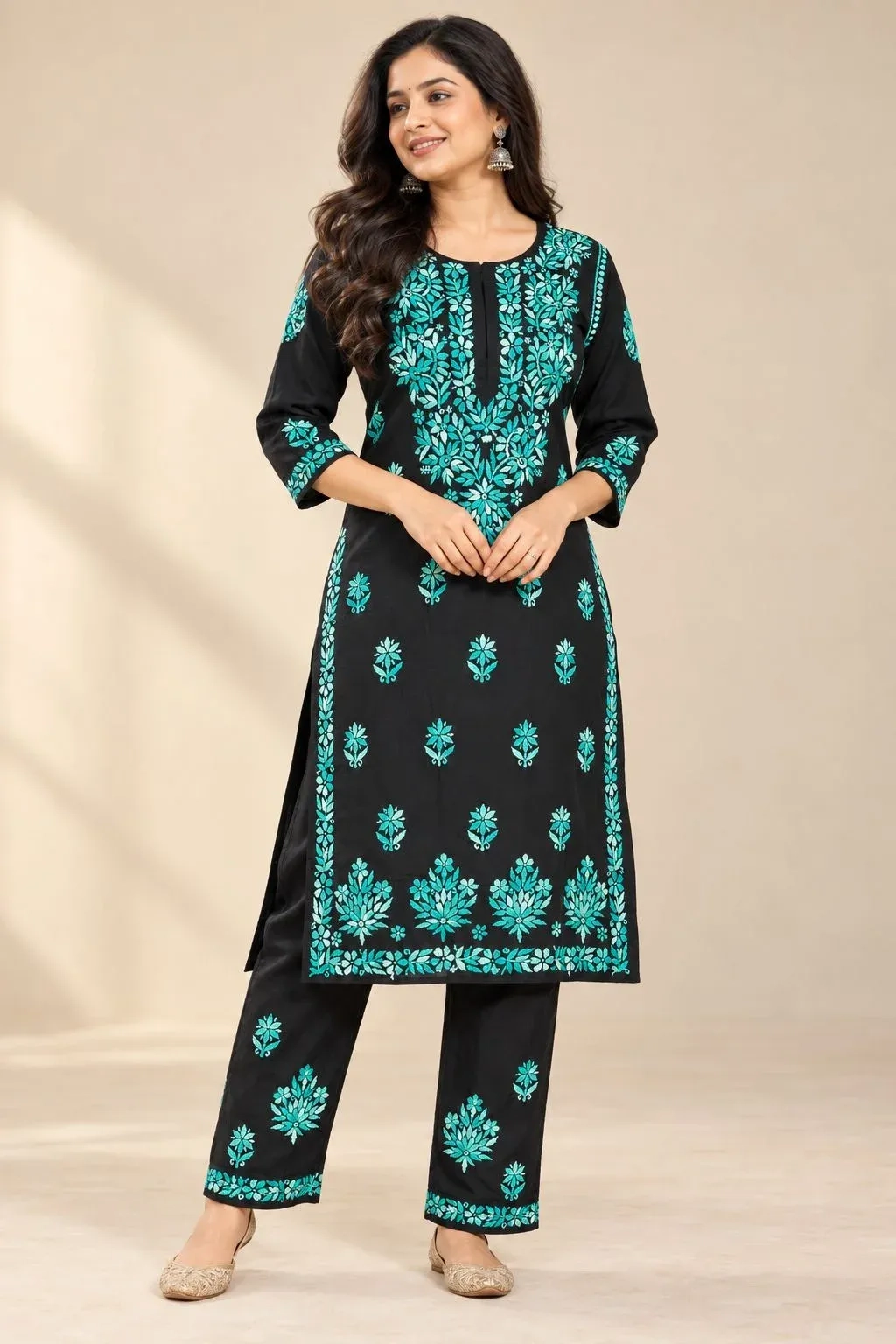 Heavy rayon Chikankari Handwork - Black and Green 1