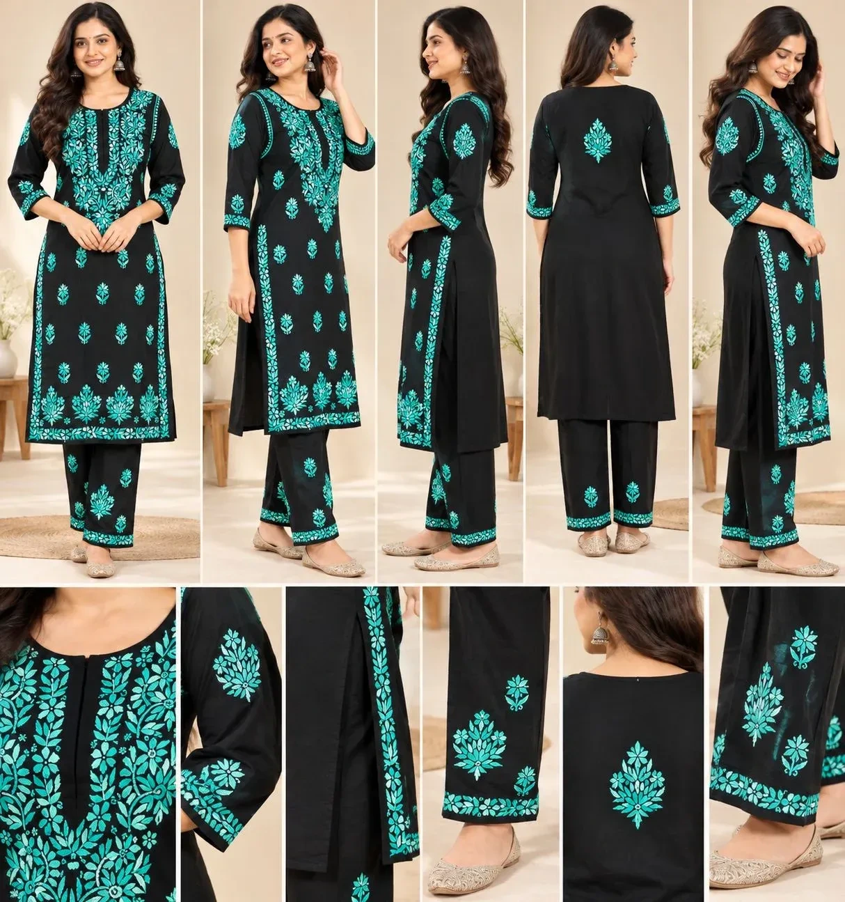 Heavy rayon Chikankari Handwork - Black and Green 2