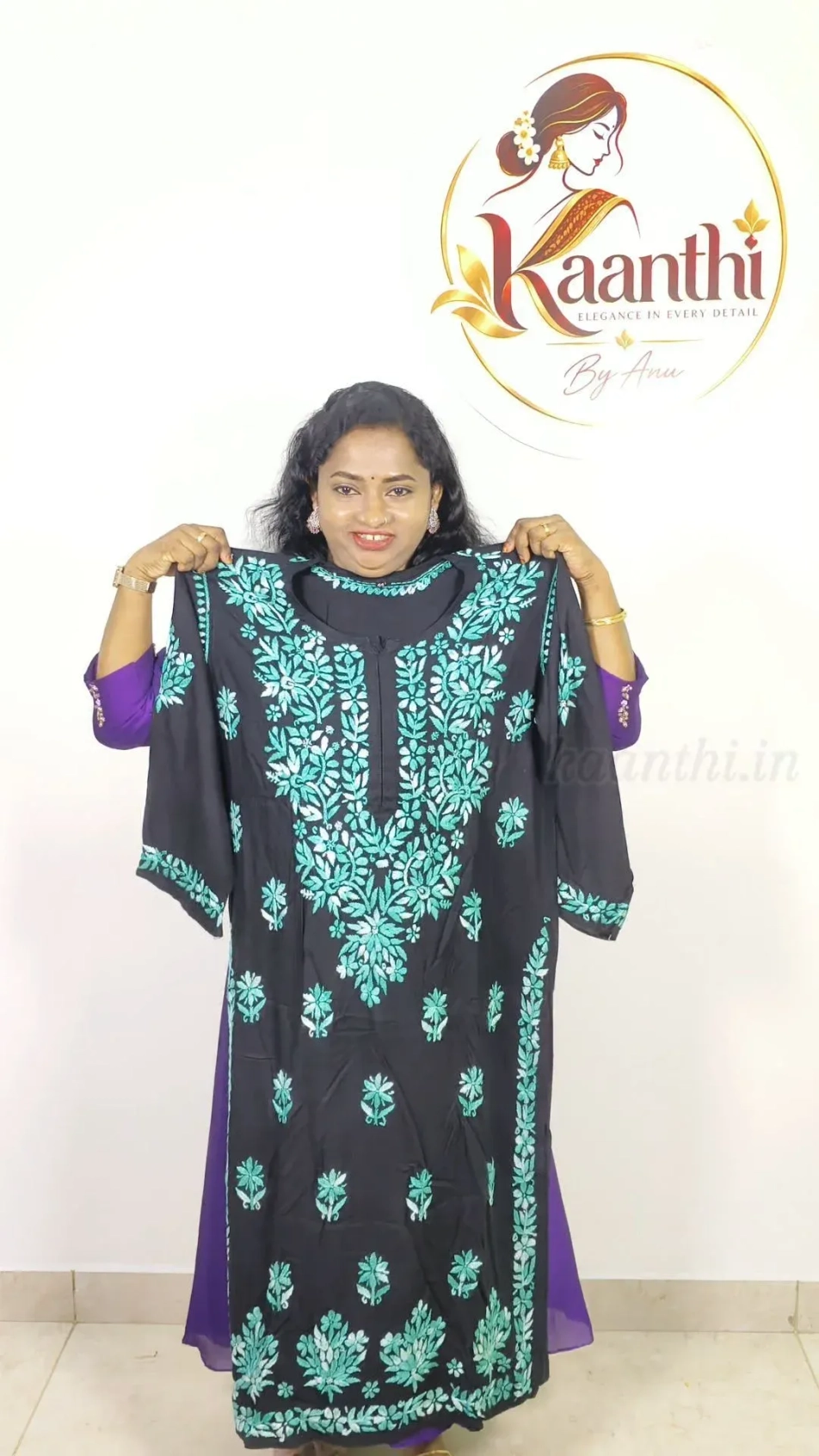 Heavy rayon Chikankari Handwork - Black and Green 3