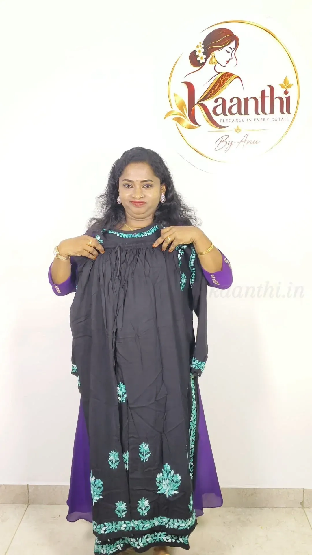 Heavy rayon Chikankari Handwork - Black and Green 4