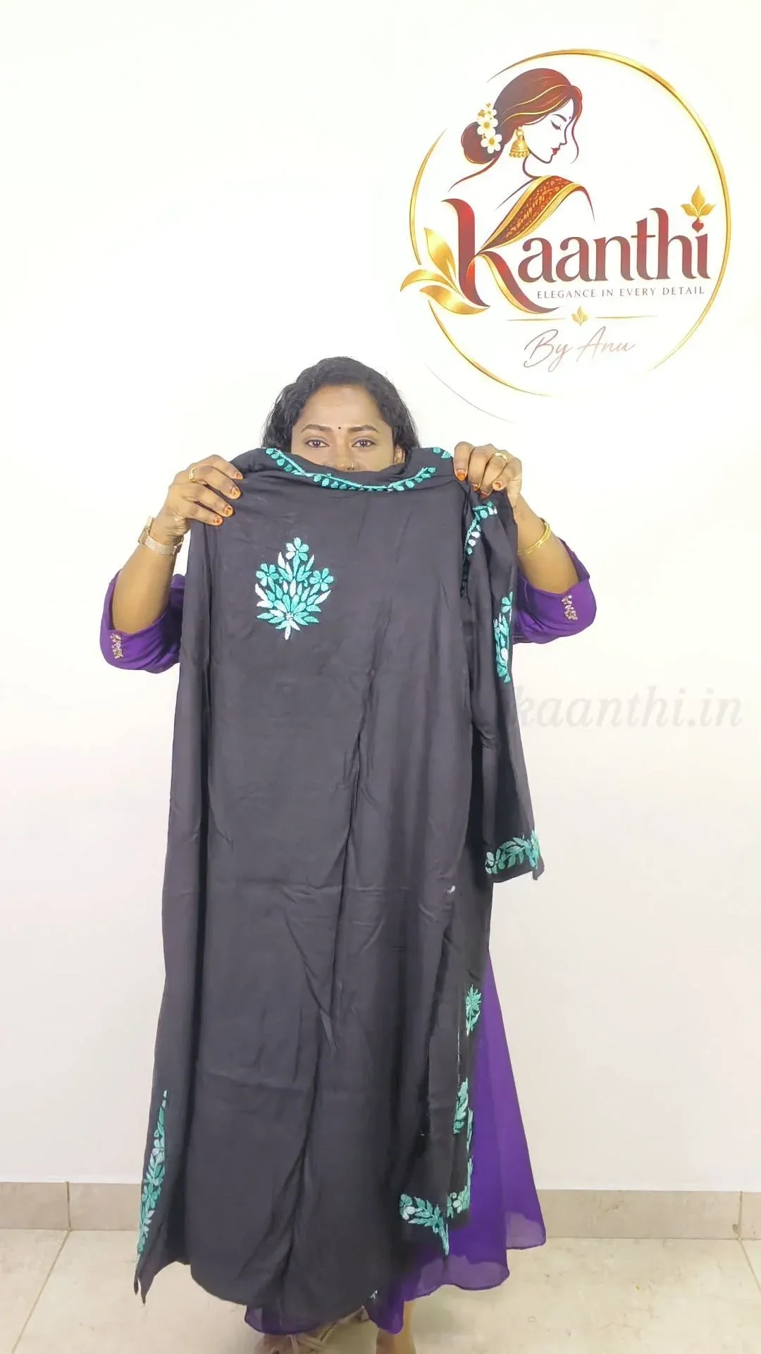 Heavy rayon Chikankari Handwork - Black and Green 5
