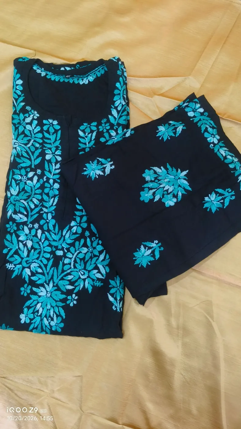 Heavy rayon Chikankari Handwork - Black and Green 6