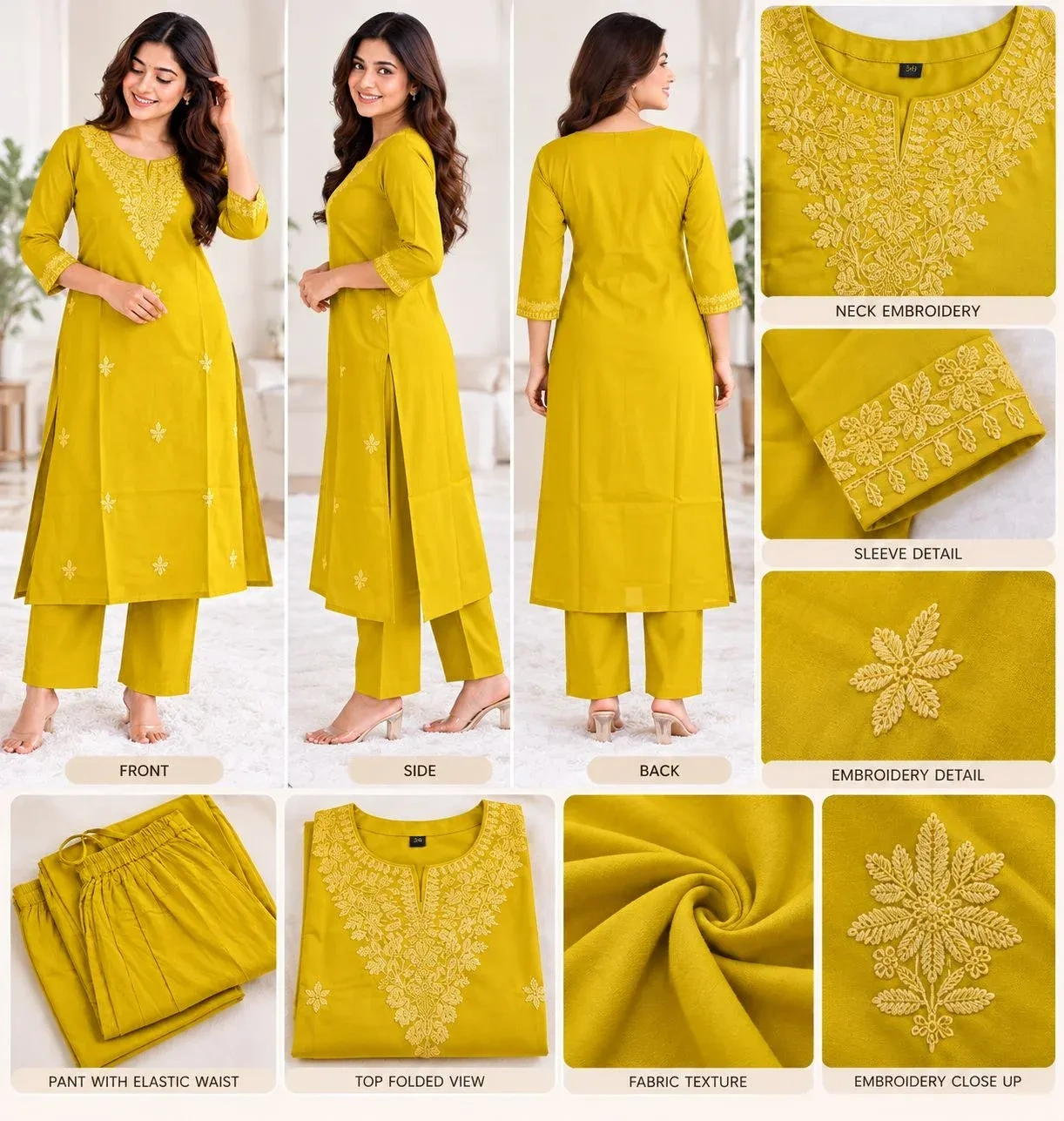 Rayon Chikankari Embroidered Kurta Set- Mustard Yellow 2
