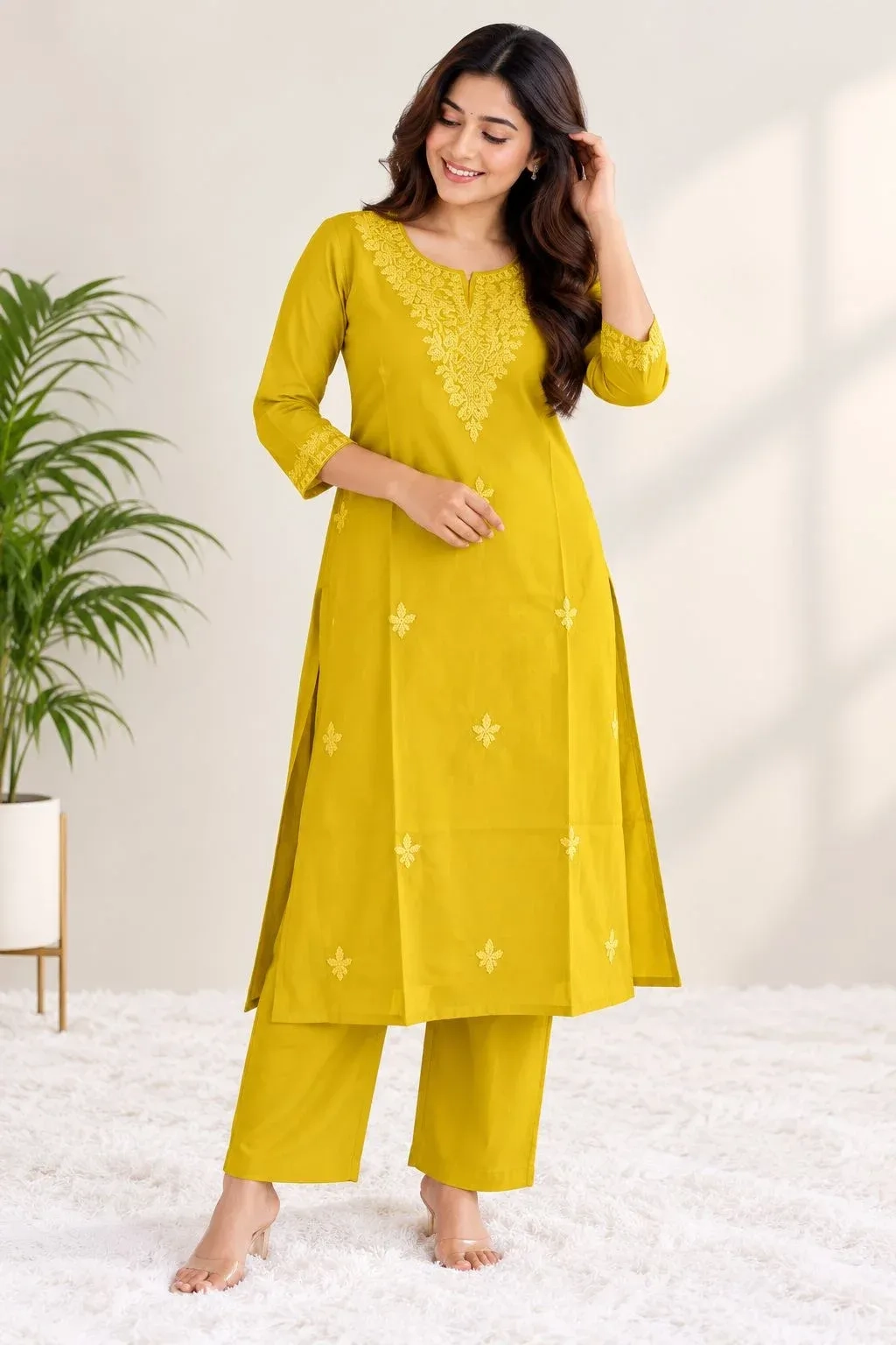 Rayon Chikankari Embroidered Kurta Set- Mustard Yellow 3