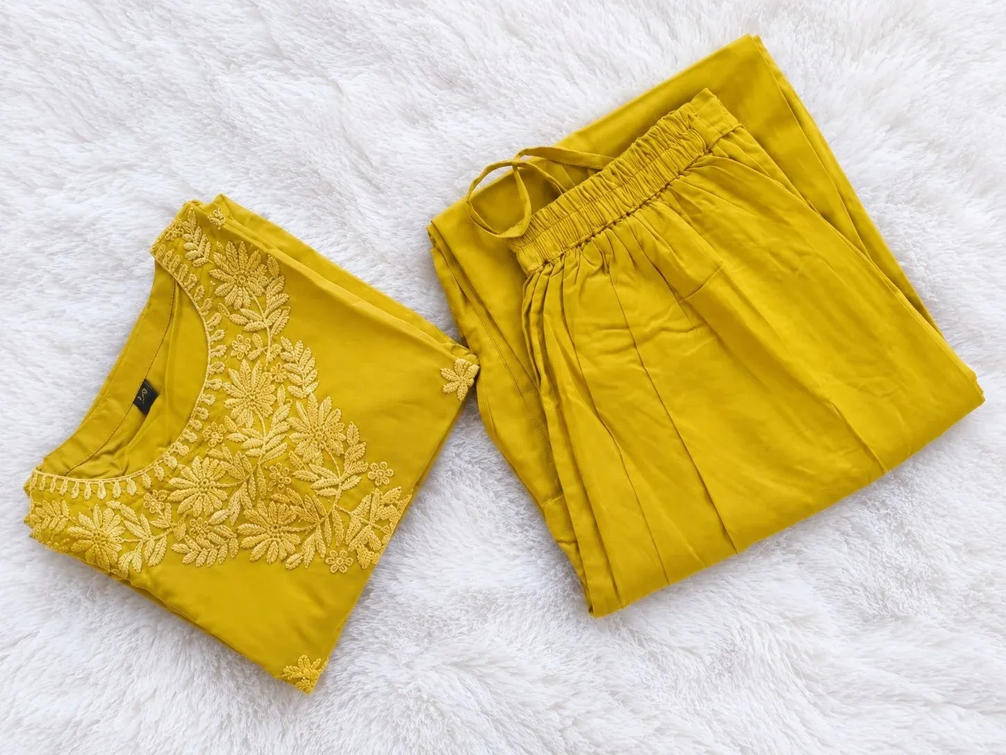 Rayon Chikankari Embroidered Kurta Set- Mustard Yellow 4