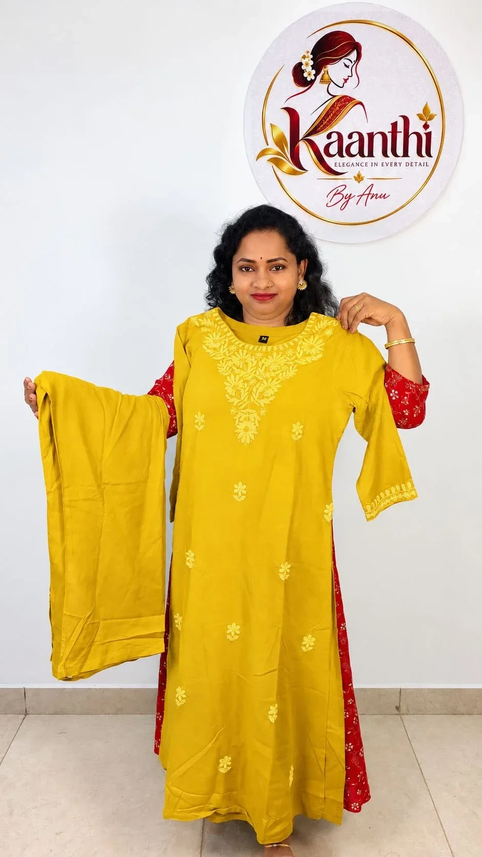 Rayon Chikankari Embroidered Kurta Set- Mustard Yellow 1