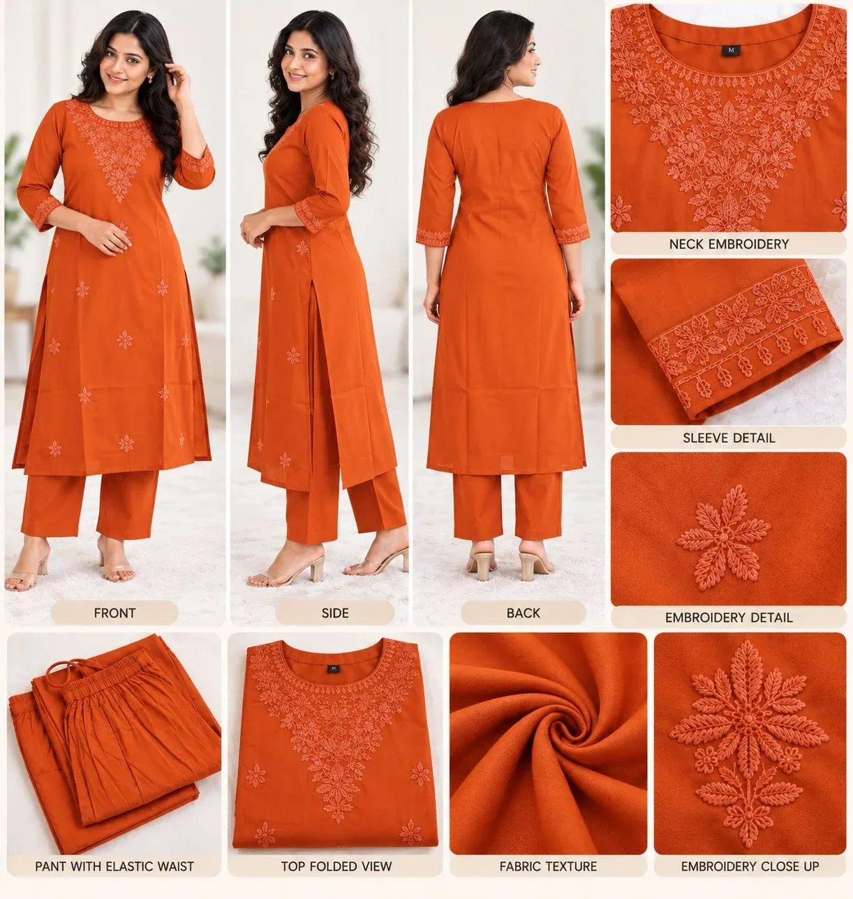 Rayon Chikankari Embroidered Kurta Set- Burned Orange 2