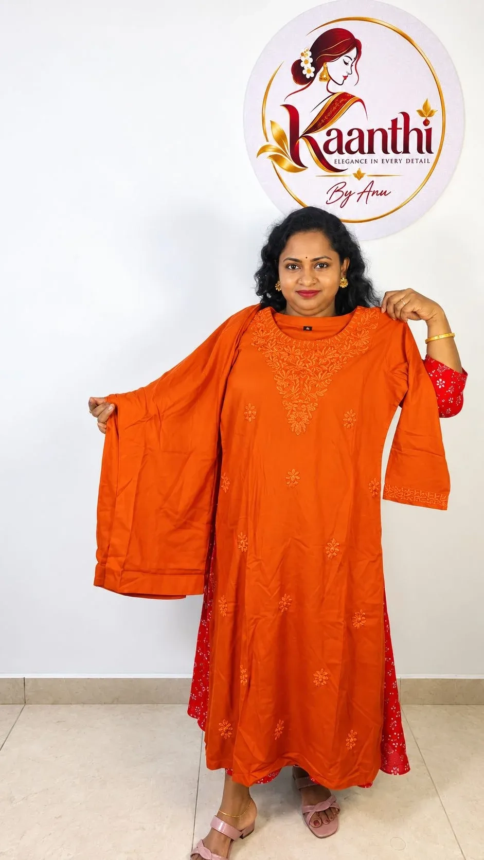 Rayon Chikankari Embroidered Kurta Set- Burned Orange 1
