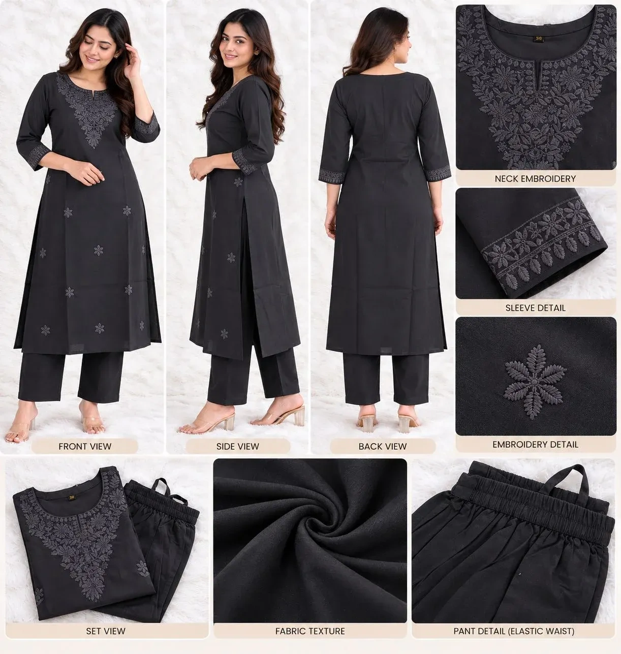 Rayon Chikankari Embroidered Kurta Set- Black 2