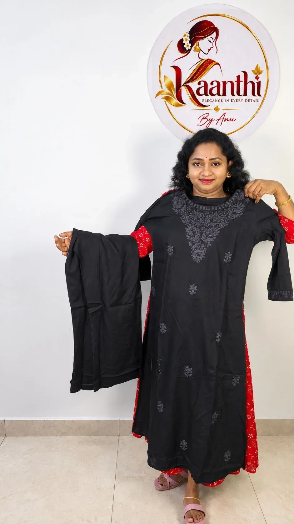 Rayon Chikankari Embroidered Kurta Set- Black 1