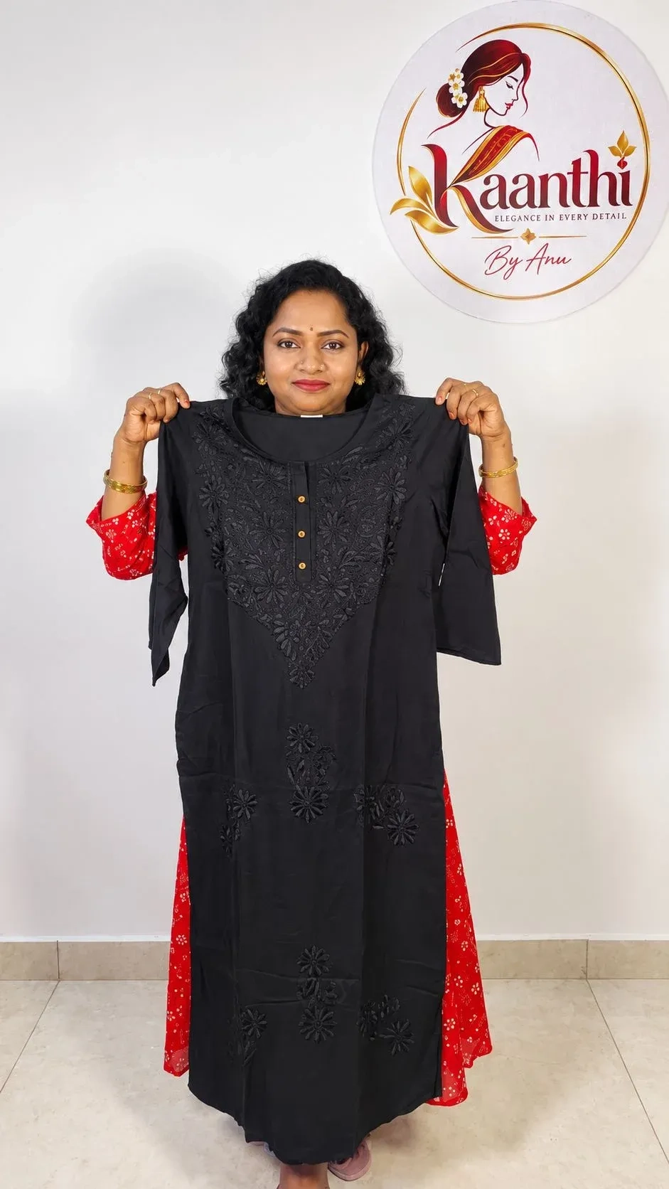 Rayon Embroidered Chikankari Kurti - Black 1