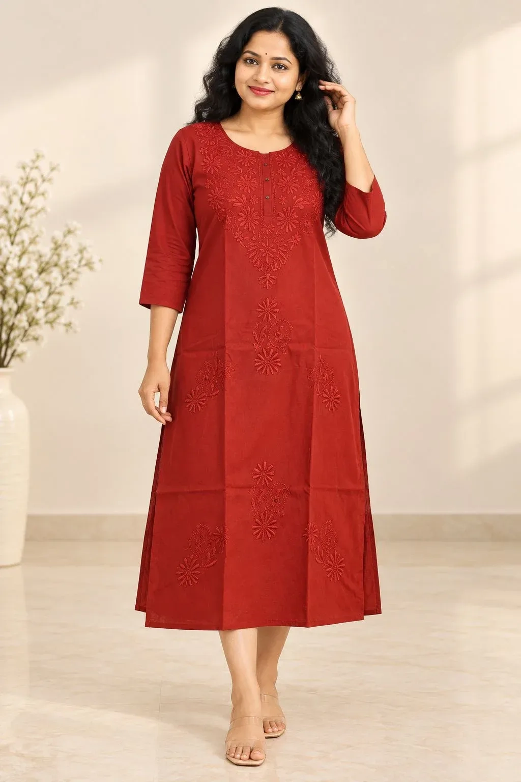 Rayon Embroidered Chikankari Kurti - Reddish Brown 2