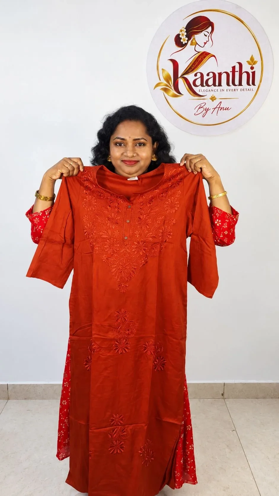 Rayon Embroidered Chikankari Kurti - Reddish Brown 1