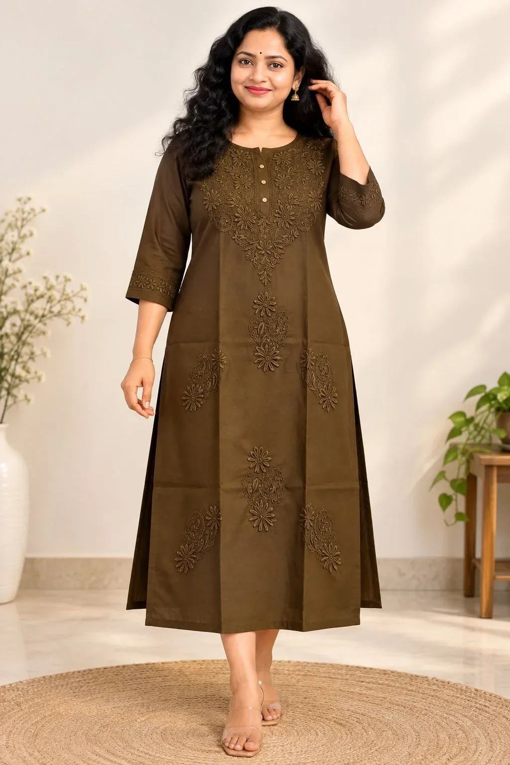 Rayon Embroidered Chikankari Kurti - Dark Olive Green 2