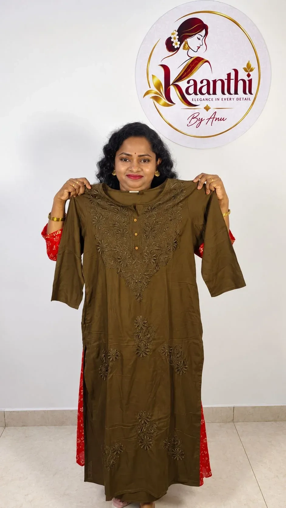 Rayon Embroidered Chikankari Kurti - Dark Olive Green 1