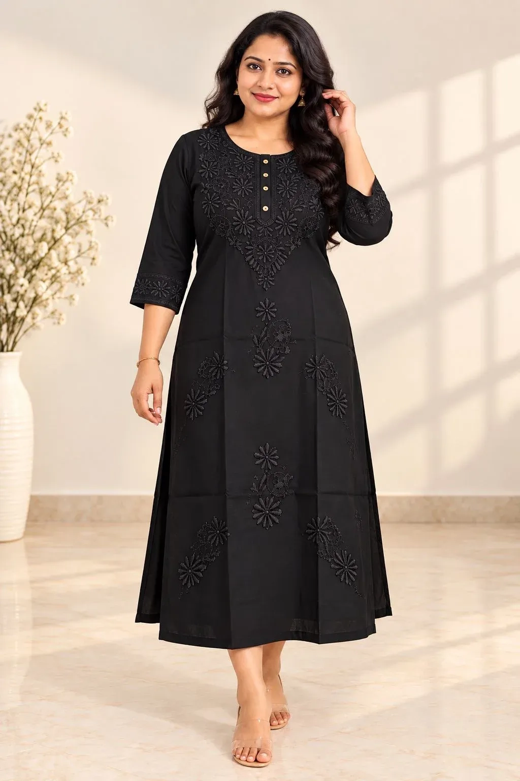 Rayon Embroidered Chikankari Kurti - Black 2