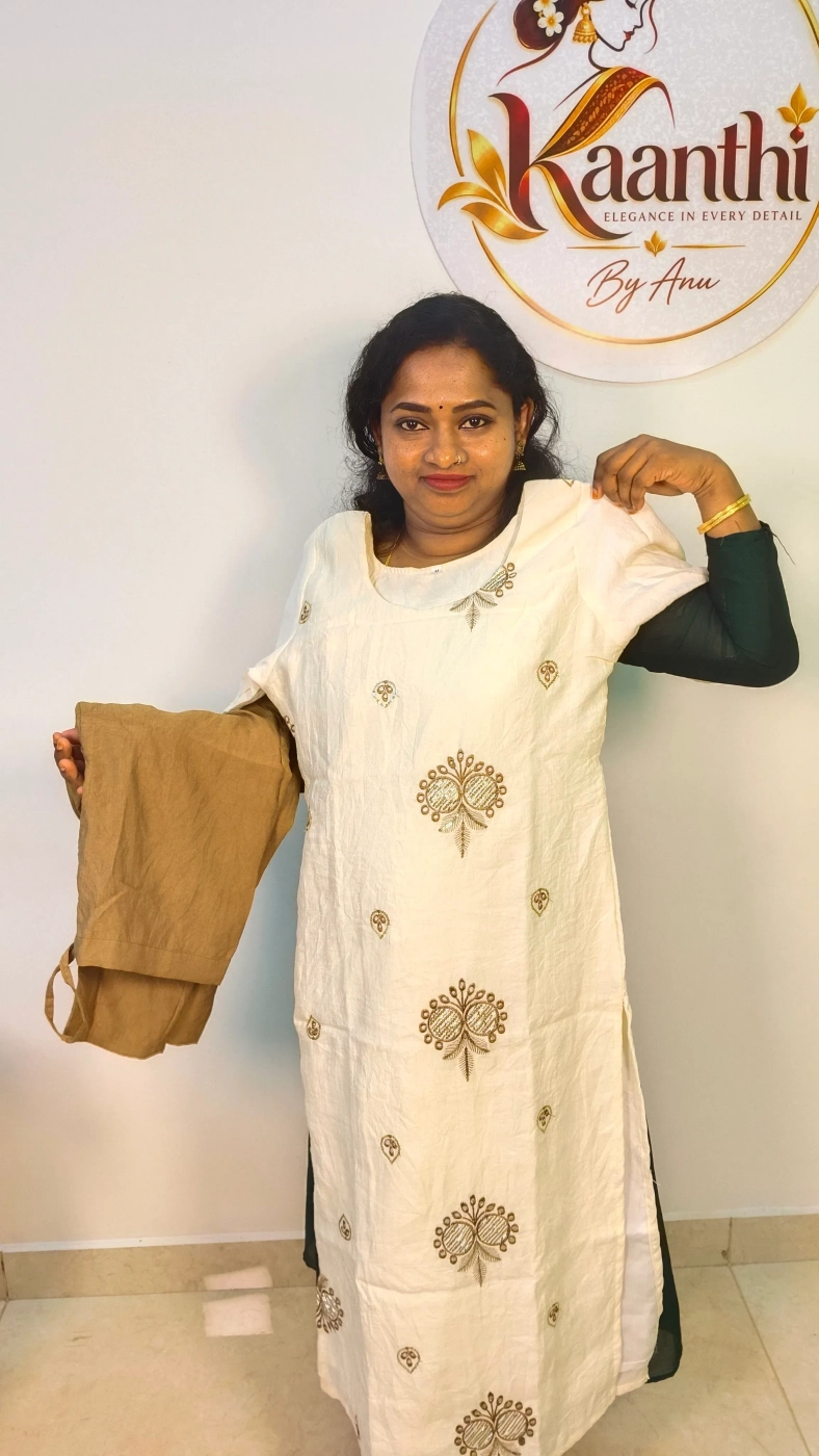 Crushed fabric with embroidery - Olive Brown 1